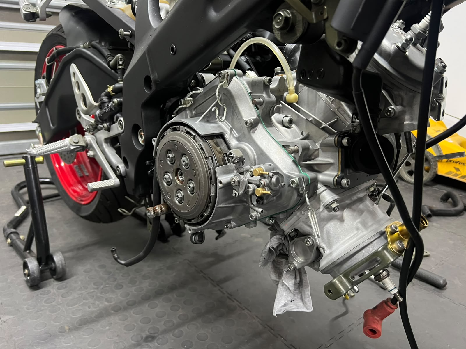 Engine with clutch cover off during a rebuild