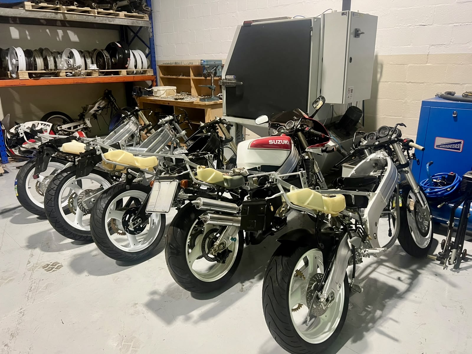 Two-stroke motorcycle projects in the workshop