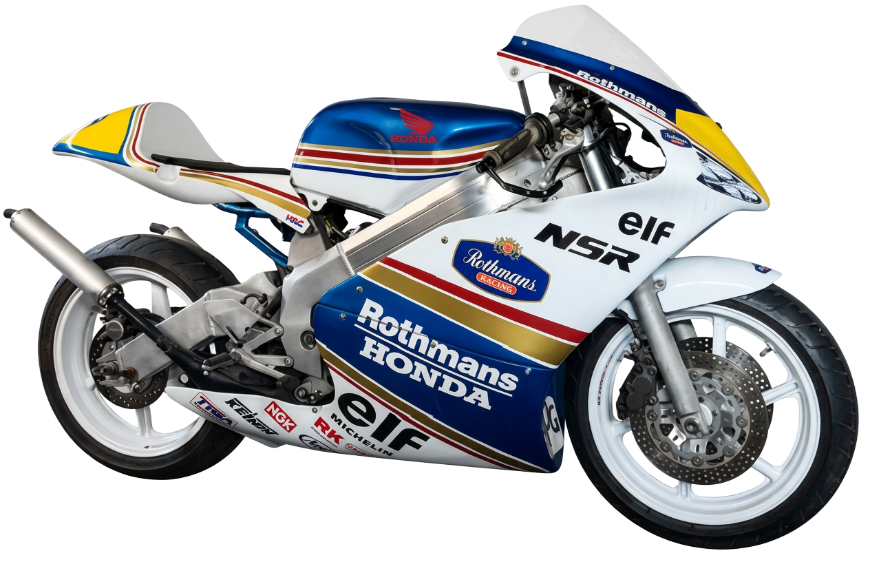Honda NSR Rothmans two-stroke race motorcycle in blue, white, red and gold period livery